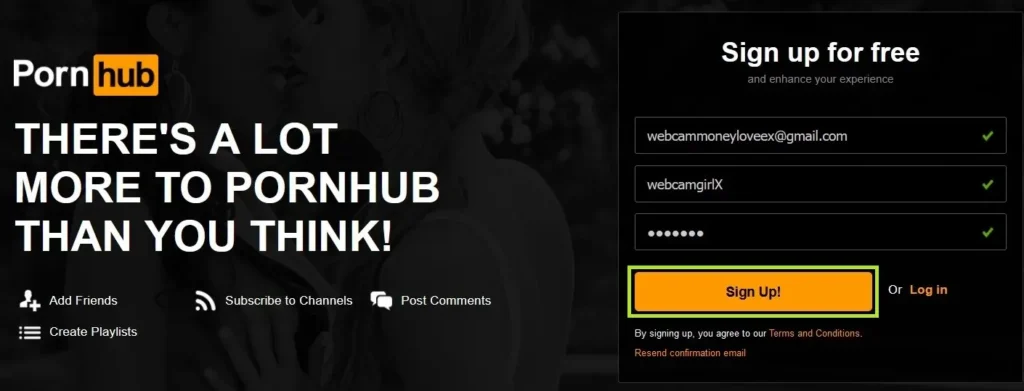 Creating a free account on PornoHub