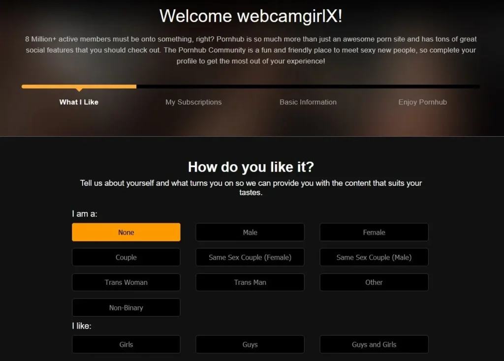 Creating a free account on PornoHub